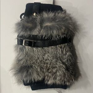 Luxurious Genuine Leather and Real Fur Gray / Black Mittens, NWT